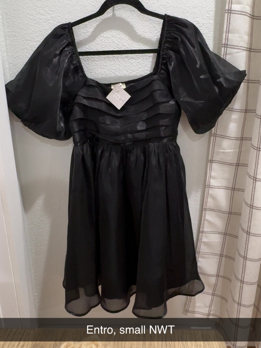 entro Black Puff-Sleeve Mini Dress with Layered Bodice